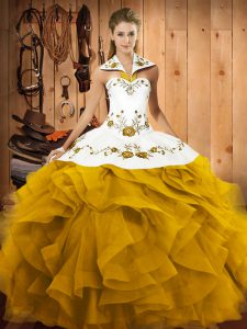 Embroidery and Ruffles Ball Gown Prom Dress Gold Lace Up Sleeveless Floor Length