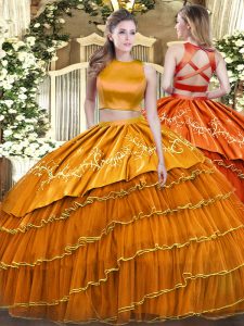Gorgeous Two Pieces Quinceanera Gown Orange High-neck Tulle Sleeveless Floor Length Criss Cross