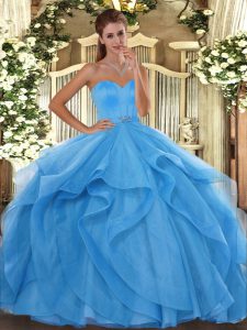 Baby Blue Tulle Lace Up Sweetheart Sleeveless Floor Length Quinceanera Dresses Beading and Ruffles