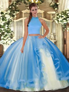 Beading and Ruffles Quinceanera Dress Light Blue Backless Sleeveless Floor Length