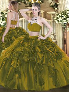 Floor Length Olive Green Sweet 16 Dresses High-neck Sleeveless Backless
