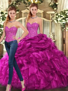 Fuchsia Two Pieces Beading and Ruffles Sweet 16 Quinceanera Dress Lace Up Organza Sleeveless Floor Length