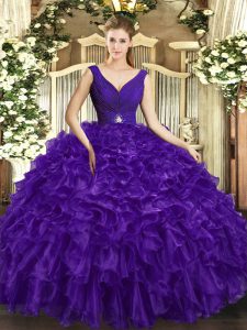 Floor Length Backless Quinceanera Gown Purple for Sweet 16 and Quinceanera with Beading and Ruffles