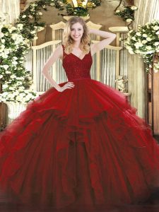 Excellent Wine Red Zipper Straps Beading and Ruffles Vestidos de Quinceanera Organza Sleeveless
