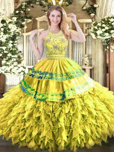 Custom Designed Yellow Green Organza Zipper Sweet 16 Dresses Sleeveless Floor Length Beading and Ruffles