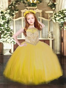 Custom Designed Gold Sleeveless Tulle Zipper Pageant Gowns for Party and Quinceanera