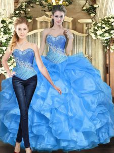 Best Selling Sleeveless Organza Floor Length Lace Up Quinceanera Dresses in Baby Blue with Beading and Ruffles