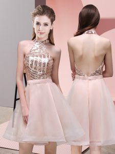 Sleeveless Chiffon Mini Length Backless Damas Dress in Baby Pink with Sequins
