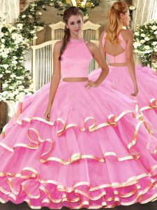 Sleeveless Organza Floor Length Backless Vestidos de Quinceanera in Rose Pink with Beading and Ruffled Layers