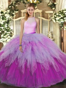 Classical High-neck Sleeveless Backless Sweet 16 Dresses Multi-color Organza