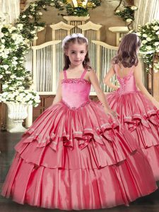 Inexpensive Organza Sleeveless Floor Length Pageant Dress Womens and Appliques and Ruffled Layers
