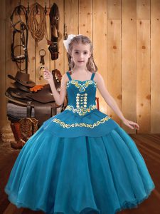 Cheap Teal Organza Lace Up Straps Sleeveless Floor Length Pageant Dress Toddler Embroidery and Ruffles