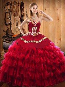 Great Wine Red Satin and Organza Lace Up Quinceanera Gown Sleeveless Floor Length Embroidery and Ruffled Layers