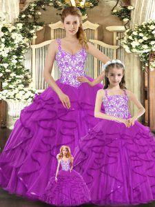 Organza Straps Sleeveless Lace Up Beading and Ruffles Sweet 16 Dresses in Fuchsia
