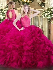 New Style Hot Pink Sleeveless Fabric With Rolling Flowers Zipper Sweet 16 Quinceanera Dress for Military Ball and Sweet 16 and Quinceanera