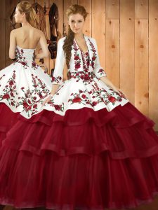 Excellent Sleeveless Embroidery Lace Up Quinceanera Gown with Wine Red Sweep Train