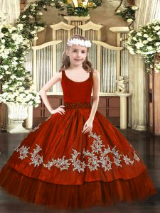 Pretty Wine Red Ball Gowns Beading and Appliques Child Pageant Dress Zipper Taffeta Sleeveless Floor Length