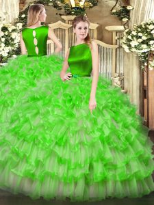 Vintage Sleeveless Floor Length Ruffled Layers Clasp Handle 15th Birthday Dress with