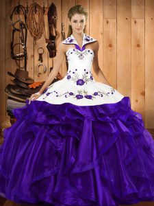 Elegant Purple Ball Gowns Organza Halter Top Sleeveless Embroidery and Ruffled Layers Floor Length Lace Up Vestidos de Quinceanera