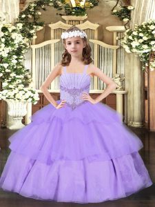Best Sleeveless Lace Up Floor Length Beading and Ruffled Layers Little Girls Pageant Dress Wholesale
