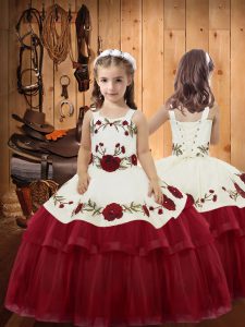 Sleeveless Lace Up Floor Length Embroidery and Ruffled Layers Kids Formal Wear