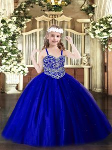 Beading Child Pageant Dress Royal Blue Lace Up Sleeveless Floor Length