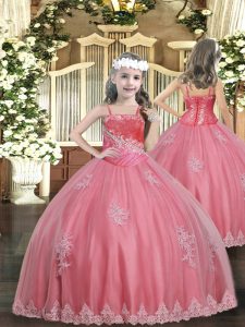 Floor Length Watermelon Red Pageant Dress for Girls Tulle Sleeveless Appliques