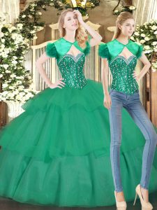 Deluxe Sleeveless Floor Length Beading and Ruffled Layers Lace Up 15th Birthday Dress with Turquoise