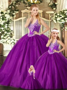 Straps Sleeveless Lace Up Sweet 16 Quinceanera Dress Purple Tulle