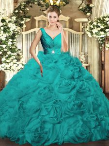 Floor Length Turquoise Sweet 16 Quinceanera Dress V-neck Sleeveless Backless