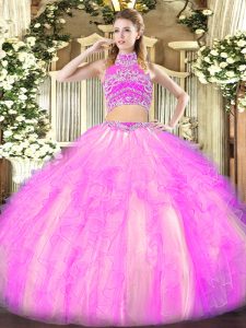 Sleeveless Tulle Floor Length Backless 15 Quinceanera Dress in Lilac with Beading and Ruffles