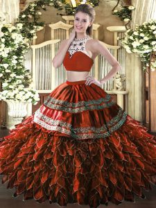 Floor Length Two Pieces Sleeveless Rust Red Quinceanera Dress Backless