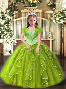 Yellow Green Organza Lace Up Pageant Dress for Womens Sleeveless Floor Length Beading and Ruffles
