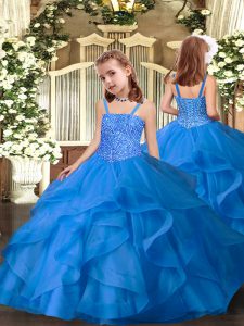 Nice Floor Length Lace Up Pageant Dresses Blue for Party and Sweet 16 and Quinceanera and Wedding Party with Beading and Ruffles