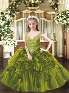 Latest Floor Length Olive Green Pageant Gowns Organza Sleeveless Beading and Ruffles