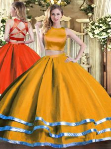Orange Two Pieces Tulle High-neck Sleeveless Ruching Floor Length Criss Cross 15th Birthday Dress