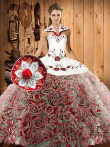 Customized Halter Top Sleeveless Sweep Train Lace Up 15th Birthday Dress Multi-color Fabric With Rolling Flowers