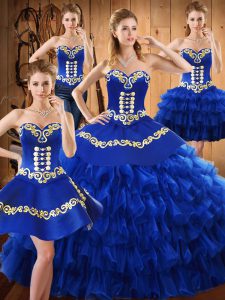 Low Price Blue Sweet 16 Dresses Military Ball and Sweet 16 and Quinceanera with Embroidery and Ruffled Layers Sweetheart Sleeveless Lace Up