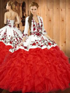 Fantastic Red Ball Gowns Tulle Sweetheart Sleeveless Embroidery and Ruffles Floor Length Lace Up Quinceanera Gowns