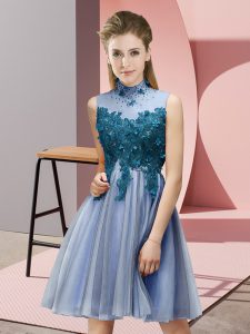 Blue Sleeveless Tulle Lace Up Dama Dress for Quinceanera for Prom and Party and Wedding Party