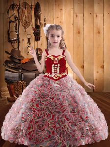 Sleeveless Lace Up Floor Length Embroidery and Ruffles Little Girls Pageant Gowns