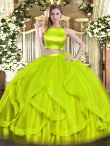 Two Pieces Ball Gown Prom Dress Yellow Green High-neck Tulle Sleeveless Floor Length Criss Cross