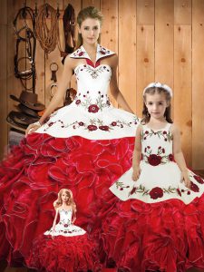 Custom Designed Red Halter Top Neckline Embroidery and Ruffles Quince Ball Gowns Sleeveless Lace Up