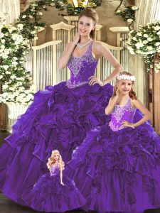 Floor Length Purple Ball Gown Prom Dress Organza Sleeveless Beading and Ruffles