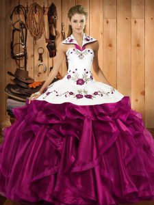 Amazing Fuchsia Lace Up Ball Gown Prom Dress Embroidery and Ruffles Sleeveless Floor Length