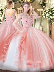 Peach Ball Gowns Beading and Ruffles Sweet 16 Dresses Zipper Tulle Sleeveless Floor Length