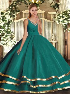 Dynamic Floor Length Turquoise Ball Gown Prom Dress V-neck Sleeveless Backless