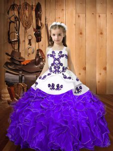 Sleeveless Organza Floor Length Lace Up Winning Pageant Gowns in Eggplant Purple with Embroidery and Ruffles