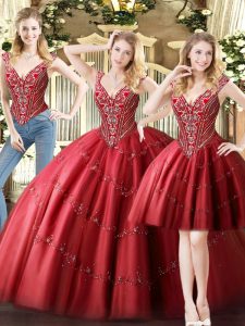 Smart Floor Length Wine Red Quinceanera Dresses Tulle Sleeveless Beading