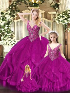 Fuchsia Sleeveless Floor Length Beading and Ruffles Lace Up Quince Ball Gowns